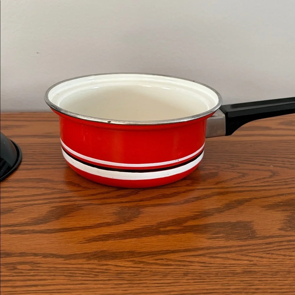 Free w bundle of 2+ Vtg  Red Enamel Saucepan w Lid | Mid Century Cookware
